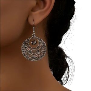 Boho Silver Cut Metal Design Hoop Drop Earrings
